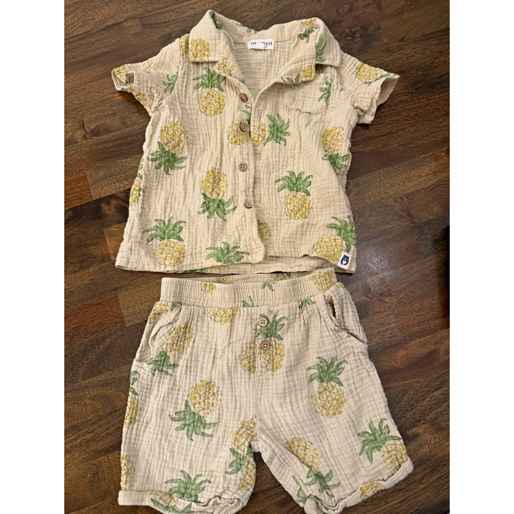 Rabbit + Bear Organic Boys 4T 2pc Muslin Shirt & Shorts Set Pineapple